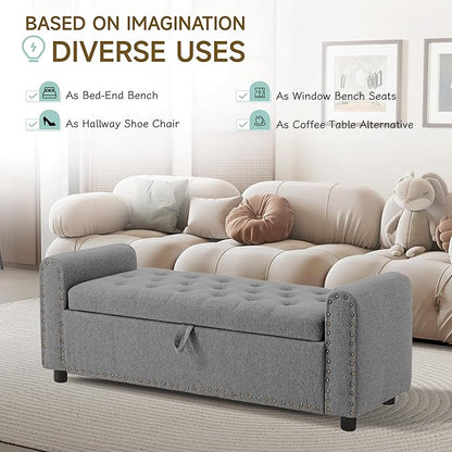 Ottoman with Storage, Tufted Storage Bench for Bedroom, 48" Fabrics End of Bed Bench, Upholstered Entryway Shoe Benches with Rolled Arm & Inner Zipper, Window Ottomans Chest with Rivets, Drak Grey