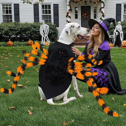 Dog Halloween Costume Large Breed, Furry Dog Spider Costume with 64 LED, Funny Halloween Dogs Costumes for Large Dogs Medium Pet Halloween Party Cosplay (Orange)