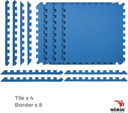 Norsk Reversible Gym Exercise Mats 3/4" Thick EVA Interlocking Foam Tiles, Perfect Gym Flooring for Home Gym, 16 Tiles & 32 Trim Pieces, 64 Sq. Ft. Reversible, Dazzling Blue/Black