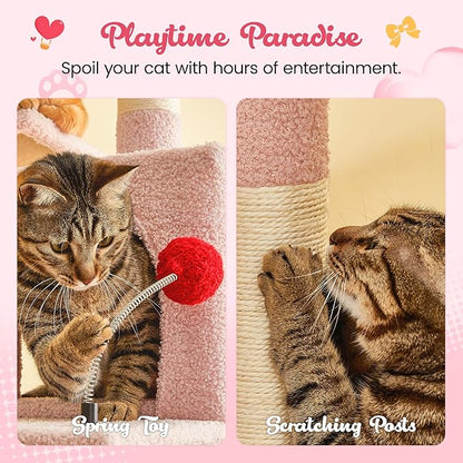 MWPO Cute Cat Tree, 63.8-Inch Pink Cat Tower for Indoor Cats, Multi-Level Cat Condo with 5 Scratching Posts, 2 Perches, Hammock, Dangling Toys