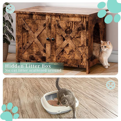 Vongrasig Cat Litter Box Enclosure,Litter Box Furniture Hidden with Barn Door,Wooden Cat Washroom Furniture,Cat House,End Table, Fit Most of Litter Box, Brown