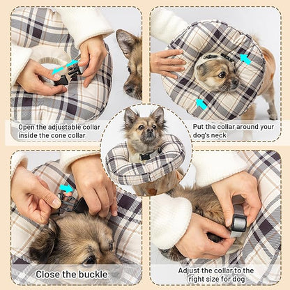 Cat Cone Collar Soft, Adjustable Plaid Elizabethan Cat Recovery Collar After Surgery to Prevent Licking & Scratching Wound, Fits Small Medium Large Cats, Puppy, Small Dogs