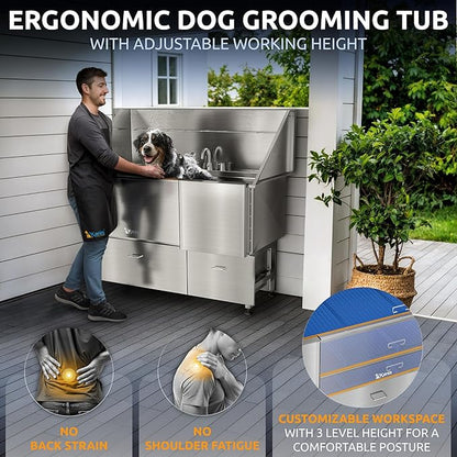 KANIS Professional Dog Washing Station - 304 Stainless Steel Pet Wash Sink & Grooming Bath Tub for Home with Ramp, Shower, Floor Grate, Storage Drawers, and Faucet for Large, Medium & Small Pets