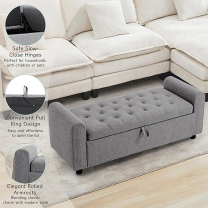 Ottoman with Storage, Tufted Storage Bench for Bedroom, 48" Fabrics End of Bed Bench, Upholstered Entryway Shoe Benches with Rolled Arm & Inner Zipper, Window Ottomans Chest without Rivets, Dark Grey