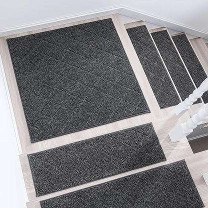 COSY HOMEER Edging Stair Treads Non-Slip Corner Indoor Stair Runners for Wooden Steps,Landing Slip Resistant Stair Rugs Mat for Kids and Dogs,100% Polyester TPE Backing,Black,30x30 inch