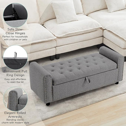 Ottoman with Storage, Tufted Storage Bench for Bedroom, 48" Fabrics End of Bed Bench, Upholstered Entryway Shoe Benches with Rolled Arm & Inner Zipper, Window Ottomans Chest with Rivets, Drak Grey