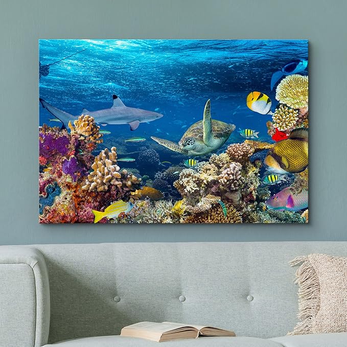 wall26 Canvas Print Wall Art Tropical Island Underwater Turtle Shark Nature Animals Photography Realism Rustic Scenic Landscape Wilderness Earth Colorful for Living Room, Bedroom, Office - 16"x24"