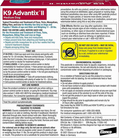 K9 Advantix II Medium Dog Vet-Recommended Flea, Tick & Mosquito Treatment & Prevention | Dogs 11-20 lbs. | 4-Mo Supply (Pack of 2)