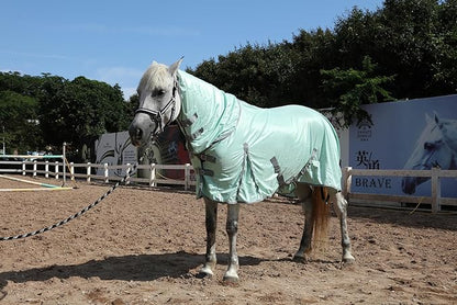 Horse Fly Sheet with Detachable Neck Cover & Belly Wrap, Adjustable Fly Sheet for Horses, Ventilated Airflow Mesh Equine Cooling Summer Flysheet Green 69