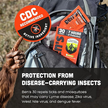 Ben's Tick & Insect Repellent Wipes - 30% DEET for Mosquitoes, Ticks & More - Up to 7 Hours of Protection - Alcohol- & Fragrance-Free - 12 Wipes (4 Pack)