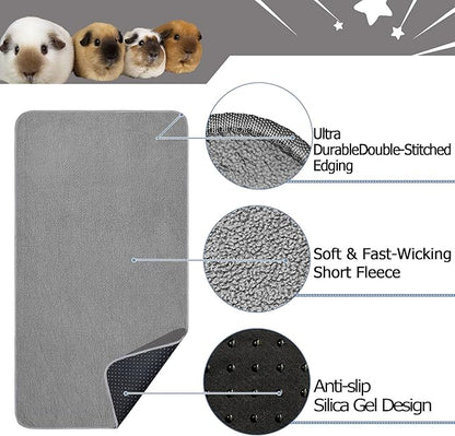 Guinea Pig Cage Liner, 2 Pack - Washable, Reusable, Leakproof Fleece Bedding Pads for Small Animals with Anti-Slip Bottom - for C&C 2X3 Area, Gray