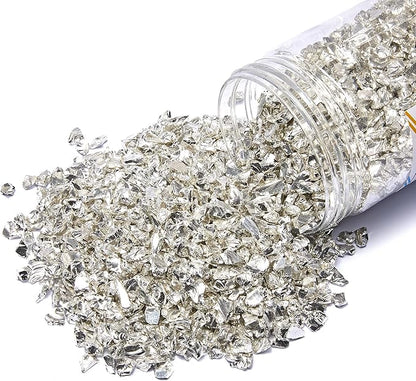 TWINKLING High Luster Fire Glass Gravel Stone Glitter,Broken Glass,Fire Gems Chips,Crushed Glass for Fire Pit Crafts Resin Art Aquarium Garden Decoration,3-6mm,1-Pound Jar (Silver)