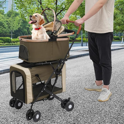 2-Layers Pet Stroller for 2 Cats/Dogs,Foldable Lightweight 77lbs Capacity Carrier, 4 Wheels, Removable Basket & Storage Pocket,for Small Pets (Green)