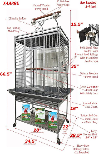 X-Large Elegant and Durable Wrought Iron Play Ground Perch Stand Top Climbing Ladder Bird Parrot Rolling Metal Cage with Around Seed Guard Storage Shelf On Heavy Duty Lockable Rolling Wheels
