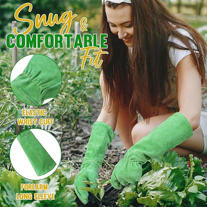 HANDLANDY Leather Gardening Gloves, Thorn Proof Long Gauntlet Heavy Duty Garden Gloves, Elbow Length Rose Pruning Weeding Yard Glove (Medium, Green)