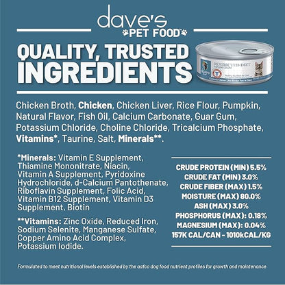 Dave's Pet Food Urinary Tract Cat Food Wet (Chicken Pate in Gravy), Non-Prescription Low Magnesium Restricted Diet Canned Cat Food, Added Vitamins, Vet Recommended, 5.5 oz (24 Pack)