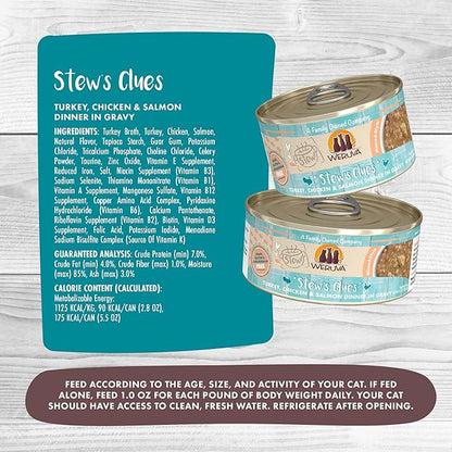 Weruva Classic Cat Stews!, Stew's Clues with Turkey, Chicken & Salmon in Gravy, 5.5oz Can (Pack of 8)