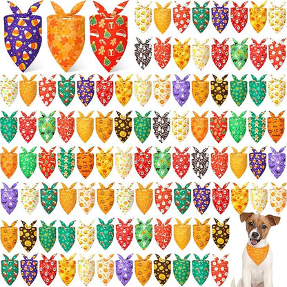 Preboun 100 Pcs Holiday Dog Bandanas Bulk Fall Halloween Christmas Bandanas for Dogs Triangle Kerchief Bib Scarf Set for Pet Party Costume Photo Props Accessories Pet Shops Groomers, 25 Styles