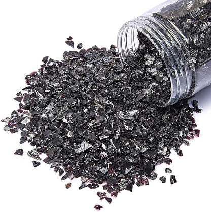 TWINKLING High Luster Fire Glass Gravel Stone Glitter,Broken Glass,Fire Gems Chips,Crushed Glass for Fire Pit Crafts Resin Art Aquarium Garden Decoration,3-6mm,1-Pound Jar (Black)