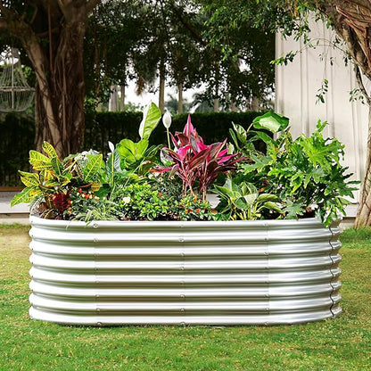 Land Guard 24“ Tall Galvanized Raised Garden Bed Kit, Galvanized Planter Garden Boxes Outdoor, Oval Large Metal Raised Garden Bed for Vegetables (Classic Silver, 4×2×2ft)