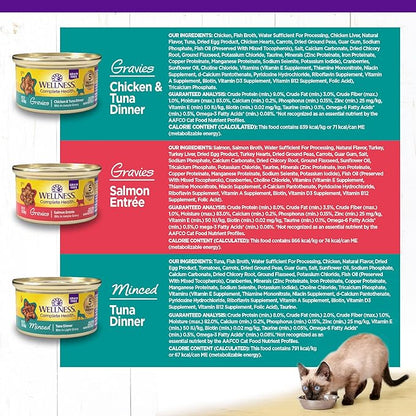Wellness Complete Health Gravy & Minced Adult Wet Cat Food, Natural, Protein-Rich, Grain Free, 3 Ounce, 12 Pack, (Salmon, Tuna, and Chicken Variety Pack)