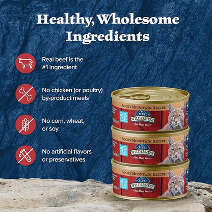 Blue Buffalo Wilderness Rocky Mountain Recipe Adult Wet Cat Food Paté, Chicken-Free & Grain-Free Recipe, Made with Natural Ingredients, Red Meat Feast, 5.5-oz. Cans (24 Count)
