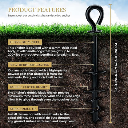 ROYAL-PAW Dog Tie Out Stake - for Large Dogs up to 210 lbs - Heavy Duty Dog Stake for Yard, Beach & Camping Outside - Best in Ground Anchor for a Dog Cable, Leash, Lead Tether (1, Black)