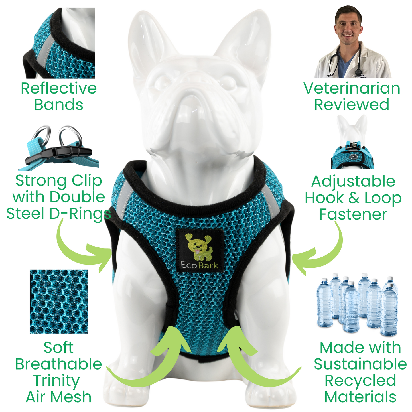 EcoBark Step In Dog Harness - XXXS to Medium Breeds- Reflective Soft Mesh Harness for Teacup, Small Dogs and Puppies / Aqua Sport