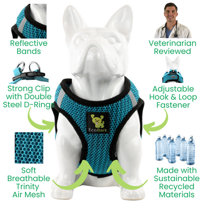 EcoBark Step In Dog Harness - XXXS to Medium Breeds- Reflective Soft Mesh Harness for Teacup, Small Dogs and Puppies / Aqua Sport