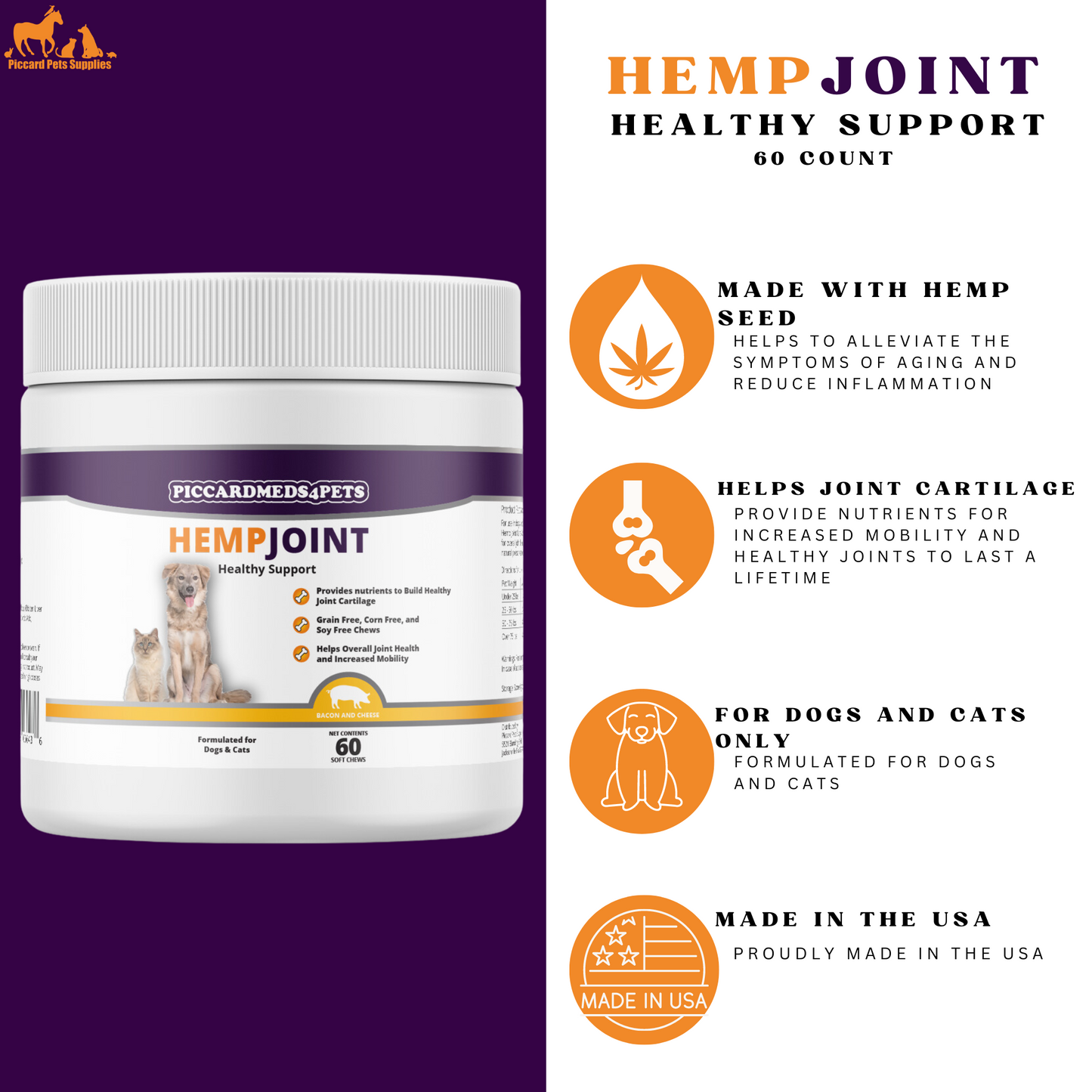 Piccardmeds4pets Hemp + MSM Joint Support Chews for Dogs and Cats 60CT