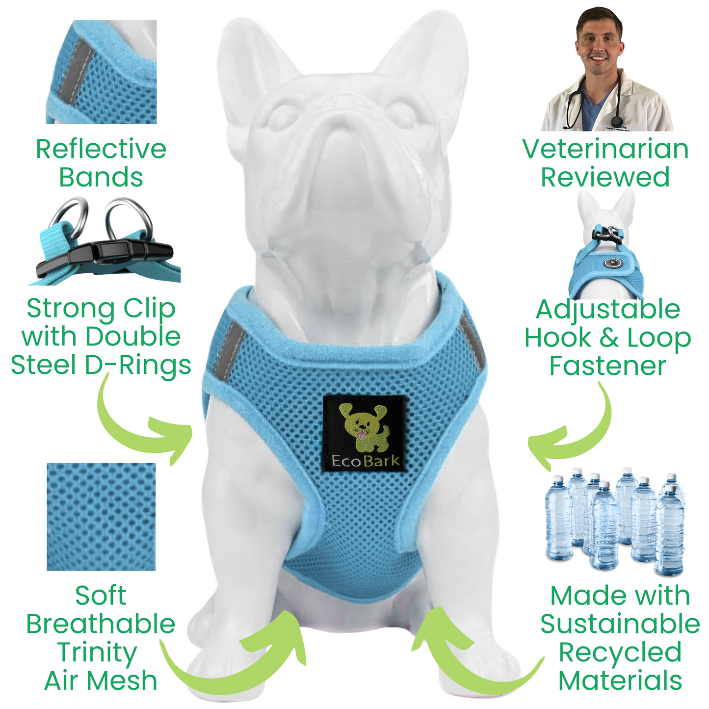 EcoBark Step In Dog Harness - XXXS to Medium Breeds- Reflective Soft Mesh Harness for Teacup, Small Dogs and Puppies / Sky Blue
