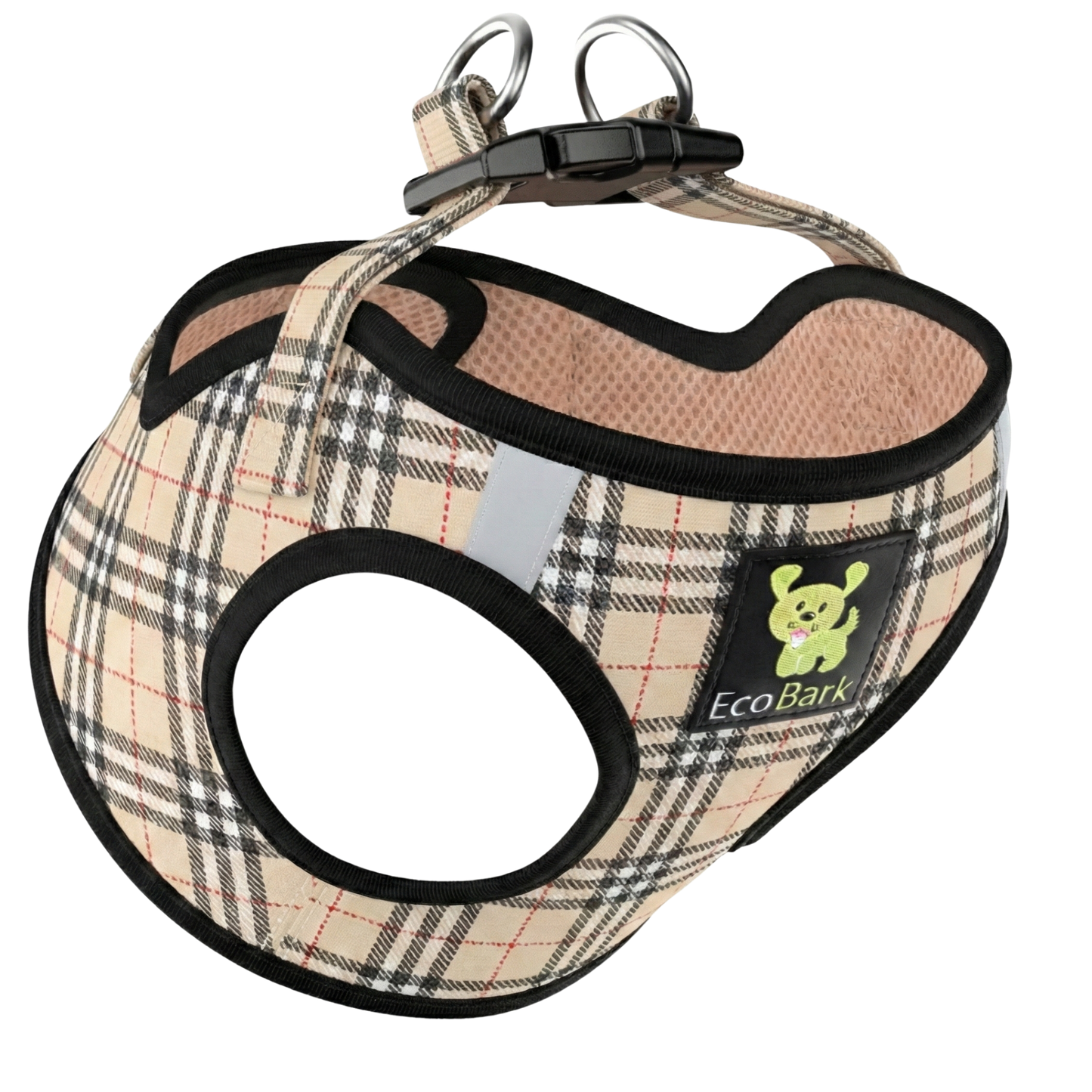 EcoBark Step In Dog Harness - XXXS to Medium Breeds- Reflective Soft Mesh Harness for Teacup, Small Dogs and Puppies / Beige Plaid