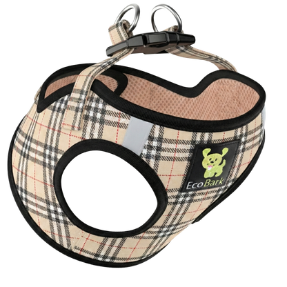 EcoBark Step In Dog Harness - XXXS to Medium Breeds- Reflective Soft Mesh Harness for Teacup, Small Dogs and Puppies / Beige Plaid