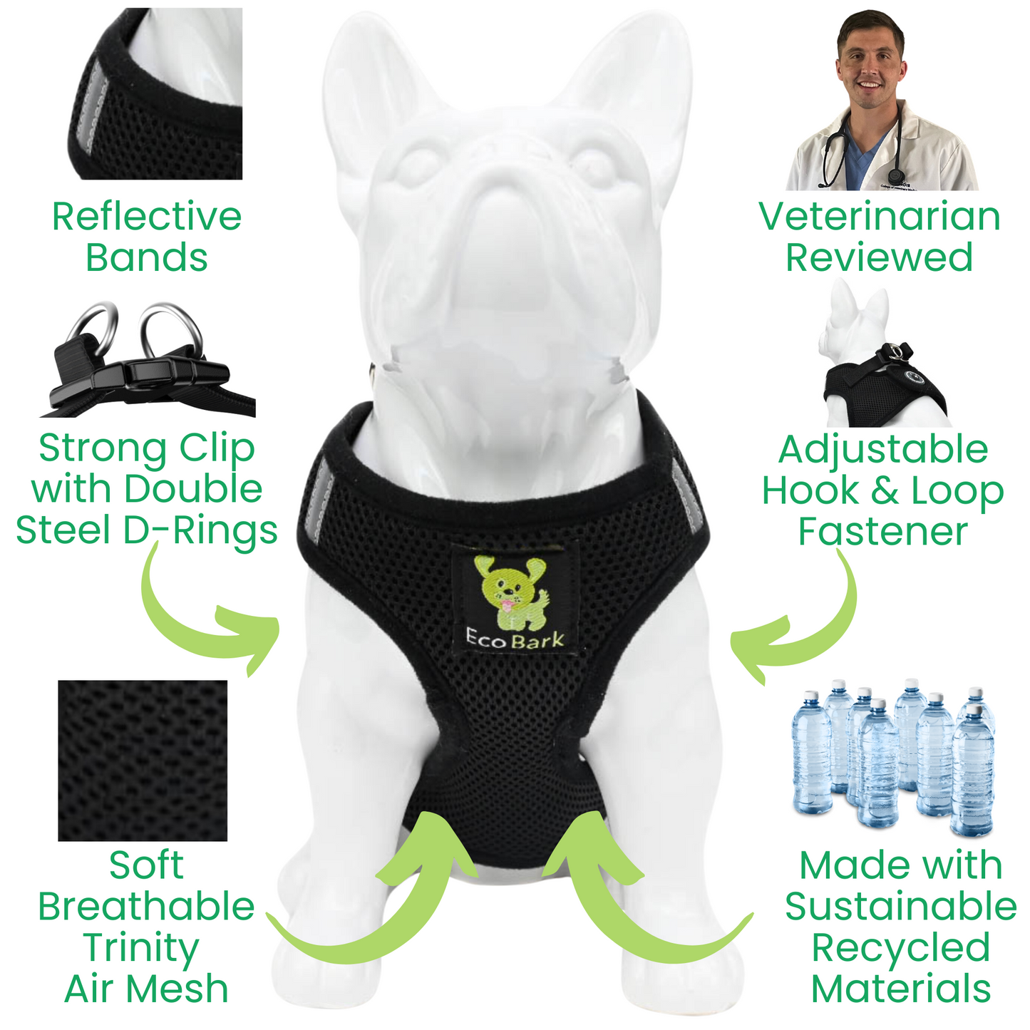 EcoBark Step In Dog Harness - XXXS to Medium Breeds- Reflective Soft Mesh Harness for Teacup, Small Dogs and Puppies / Black