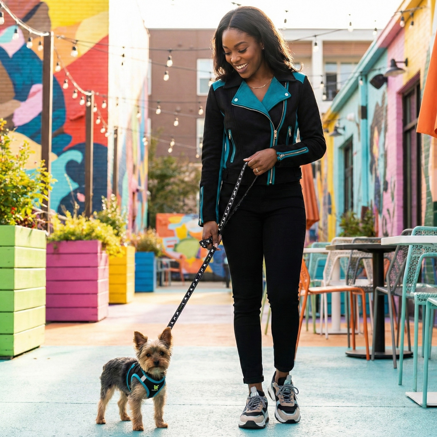EcoBark Step In Dog Harness - XXXS to Medium Breeds- Reflective Soft Mesh Harness for Teacup, Small Dogs and Puppies / Black w/ Teal Piping