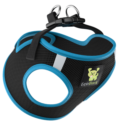 EcoBark Step In Dog Harness - XXXS to Medium Breeds- Reflective Soft Mesh Harness for Teacup, Small Dogs and Puppies / Black w/ Teal Piping