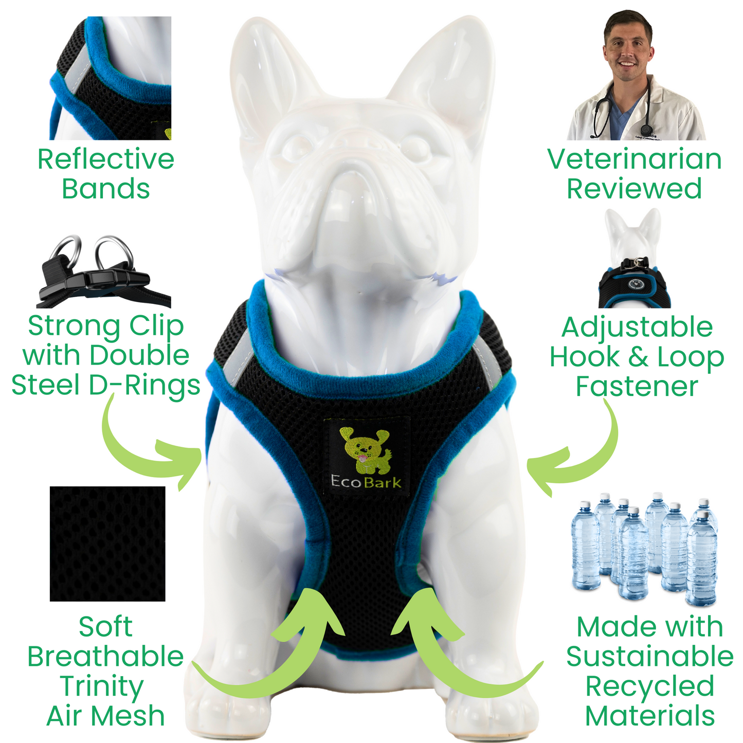 EcoBark Step In Dog Harness - XXXS to Medium Breeds- Reflective Soft Mesh Harness for Teacup, Small Dogs and Puppies / Black w/ Teal Piping