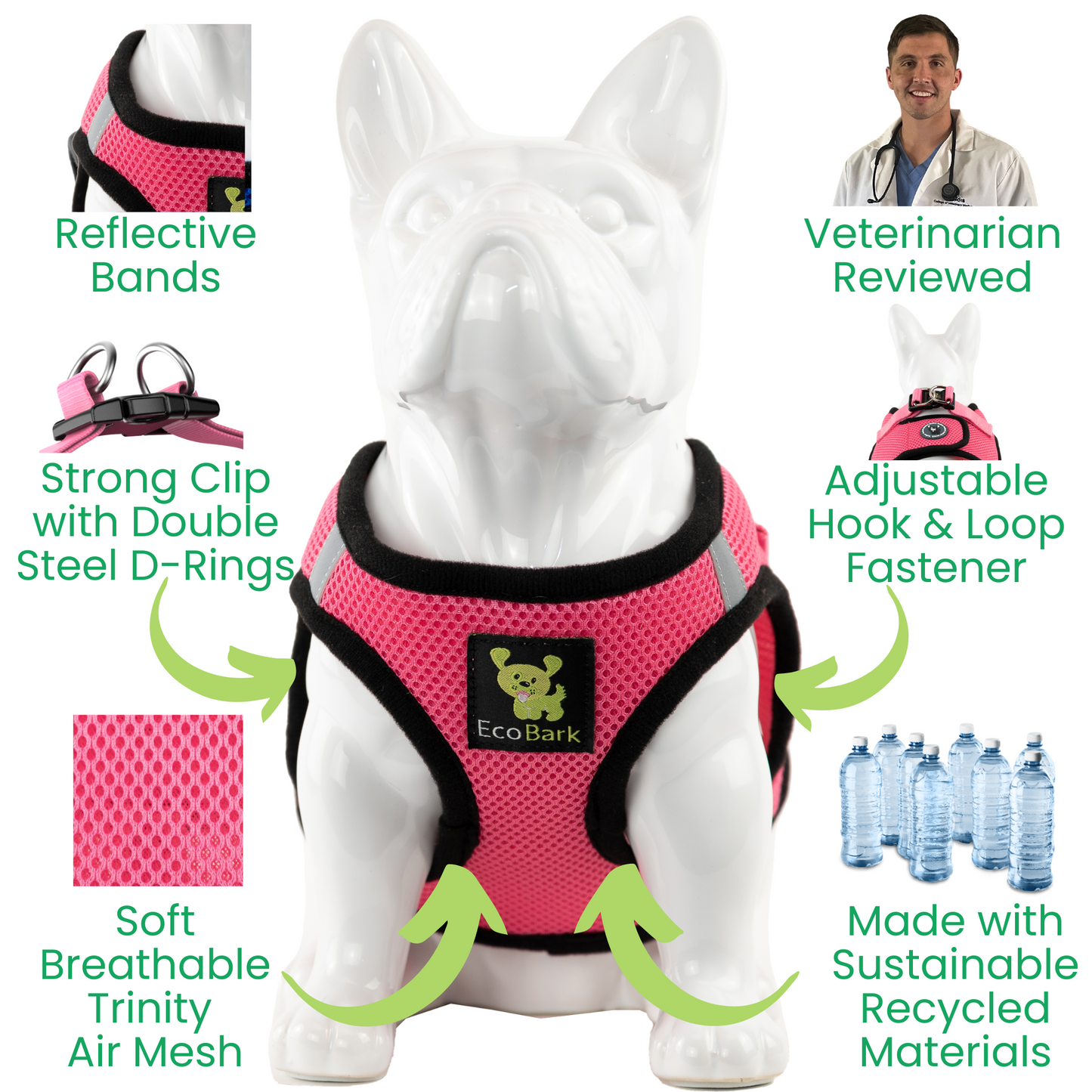 EcoBark Step In Dog Harness - XXXS to Medium Breeds- Reflective Soft Mesh Harness for Teacup, Small Dogs and Puppies / Bubblegum Pink
