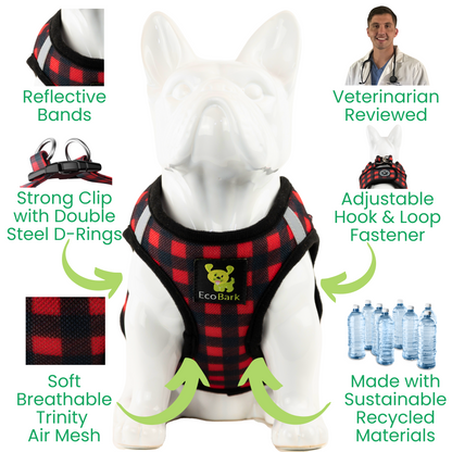 EcoBark Step In Dog Harness - XXXS to Medium Breeds- Reflective Soft Mesh Harness for Teacup, Small Dogs and Puppies / Buffalo Plaid