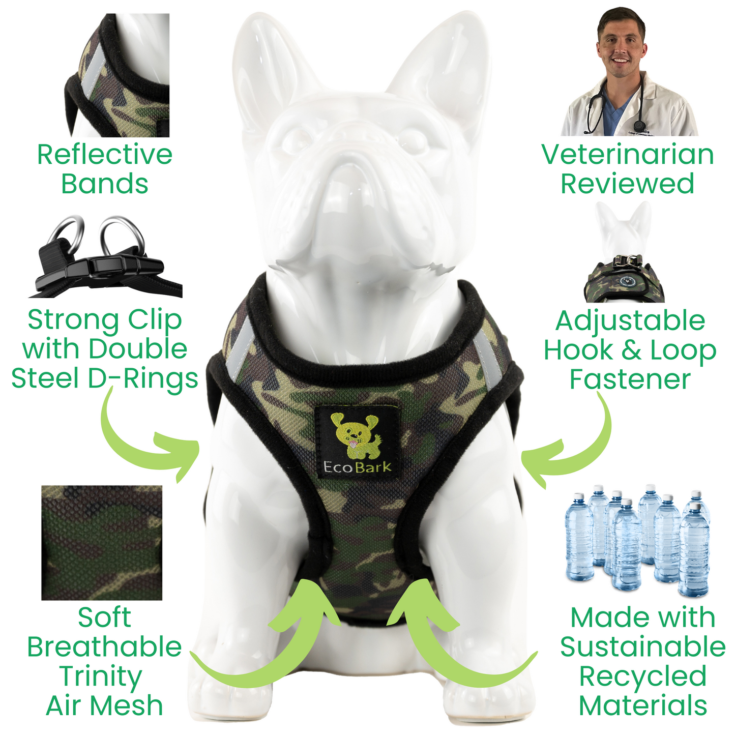 EcoBark Step In Dog Harness - XXXS to Medium Breeds- Reflective Soft Mesh Harness for Teacup, Small Dogs and Puppies / Camouflage