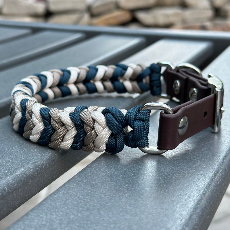 Coiled Charm Hand Braided Dog Collar in Navy, Tan, & Cream