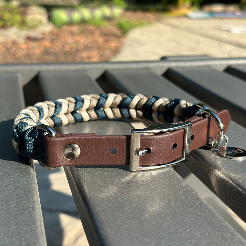 Coiled Charm Hand Braided Dog Collar in Navy, Tan, & Cream