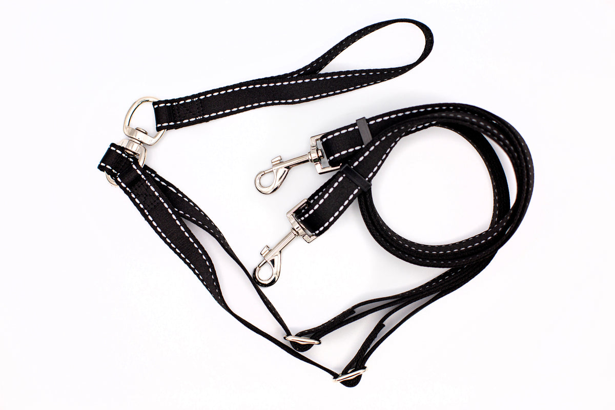 Outdoor Style Black Reflective Adjustable Double Leash