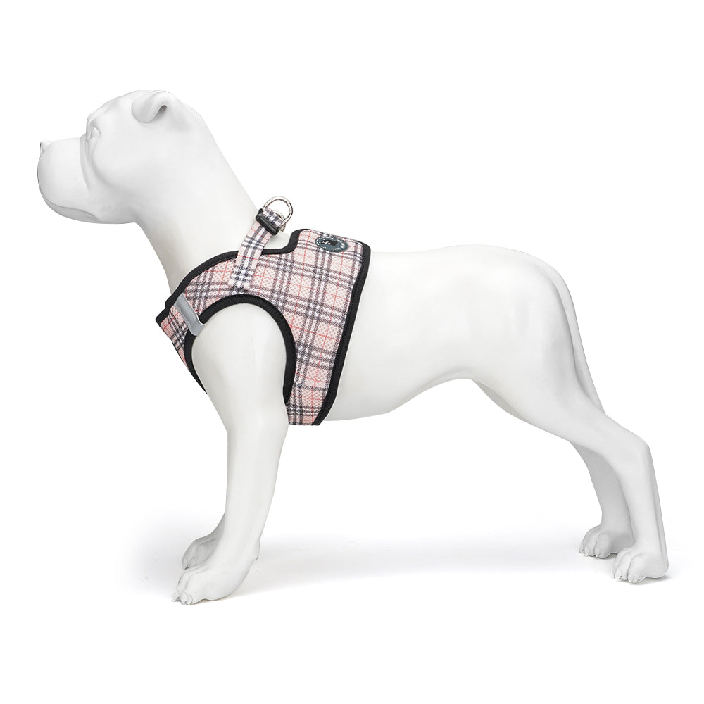 EcoBark Step In Dog Harness - XXXS to Medium Breeds- Reflective Soft Mesh Harness for Teacup, Small Dogs and Puppies / Beige Plaid