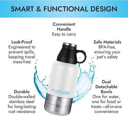 Dog Water Bottle 32/64oz Insulated w Food Bowl Travel