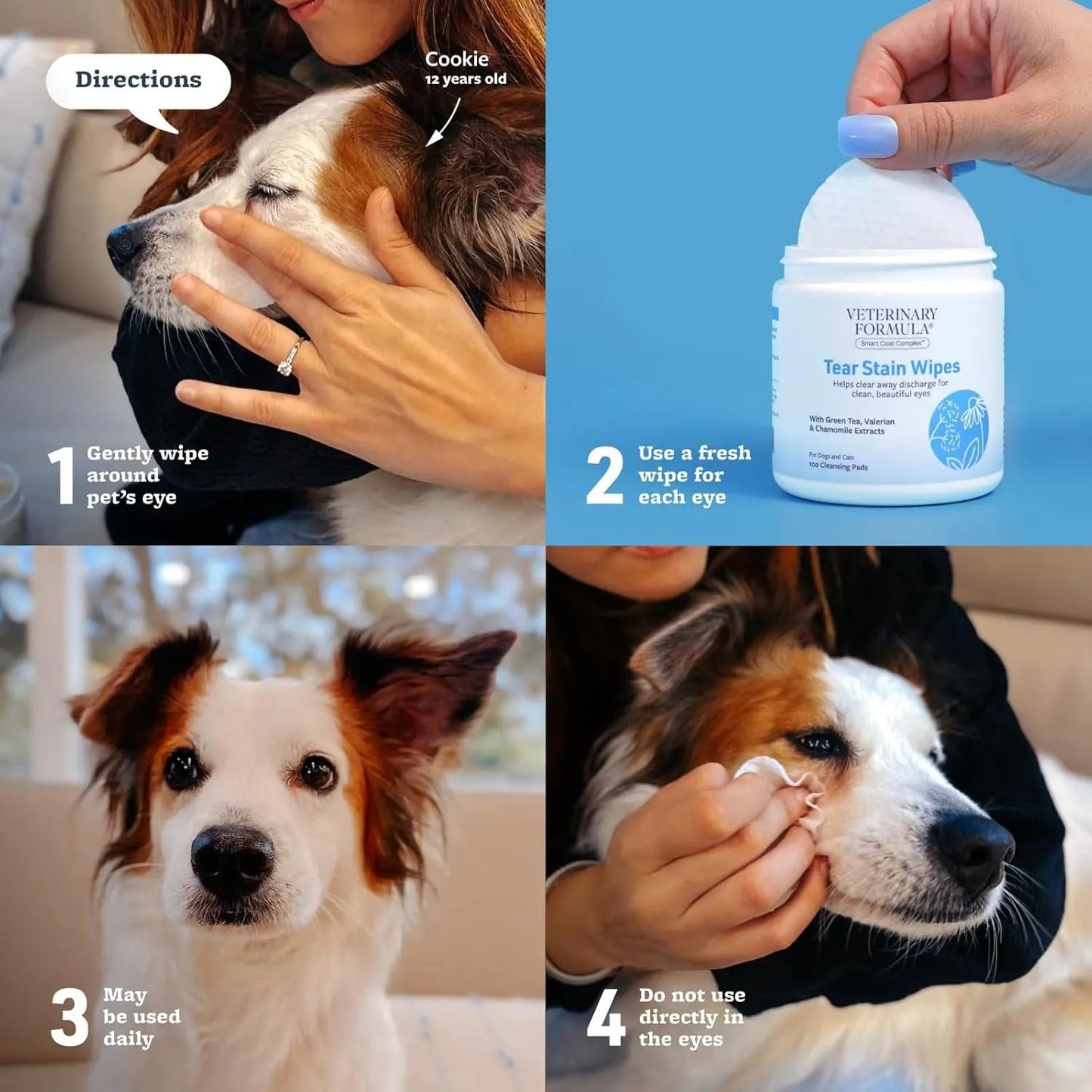 Dog & Cat Tear Stain Eye Wipes Fragrance Free Facial Cleaning 100 Ct