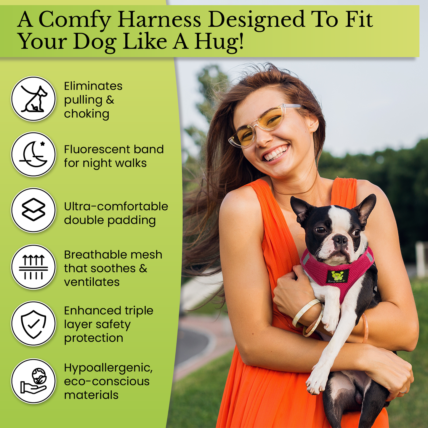 EcoBark Step In Dog Harness - XXXS to Medium Breeds- Reflective Soft Mesh Harness for Teacup, Small Dogs and Puppies / Hot Pink