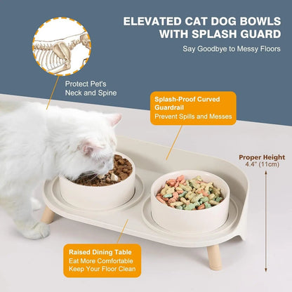 Elevated Ceramic Cat & Dog Bowl Set with Splash Guard, Non-Slip Stand (2x480ml)