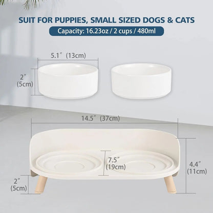 Elevated Ceramic Cat & Dog Bowl Set with Splash Guard, Non-Slip Stand (2x480ml)