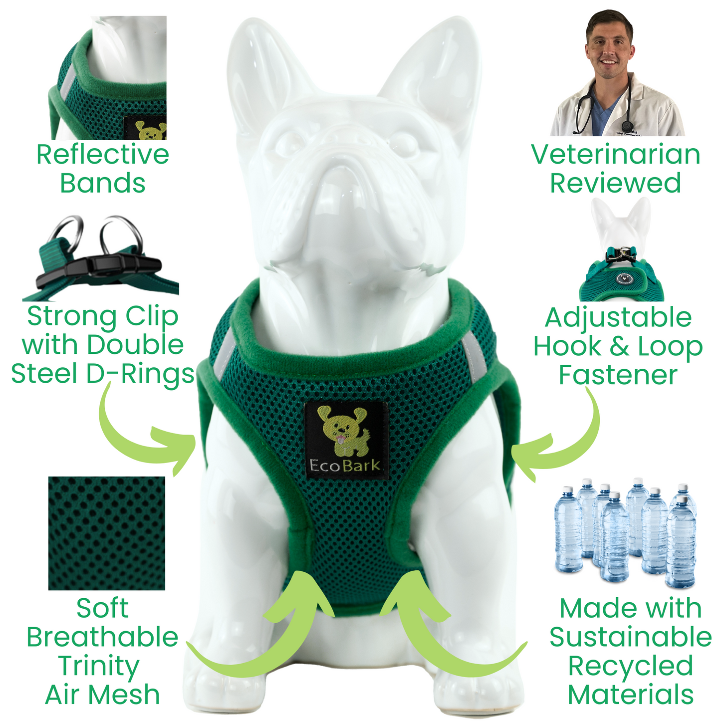 EcoBark Step In Dog Harness - XXXS to Medium Breeds- Reflective Soft Mesh Harness for Teacup, Small Dogs and Puppies / Forest Green